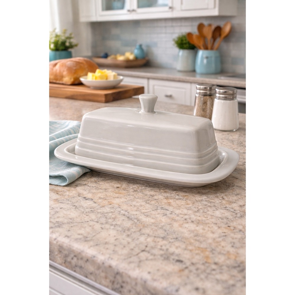 Fiesta Pearl Gray Extra Large Butter Dish with Lid Ceramic USA Art Deco HLC
